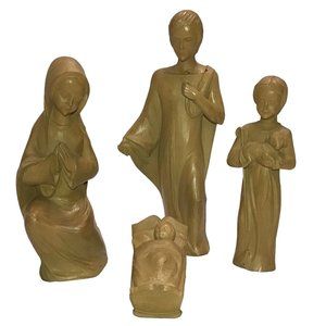 Vintage Nativity Carved Resin Wood Look 70s Christmas Religious Figures 4 Pieces